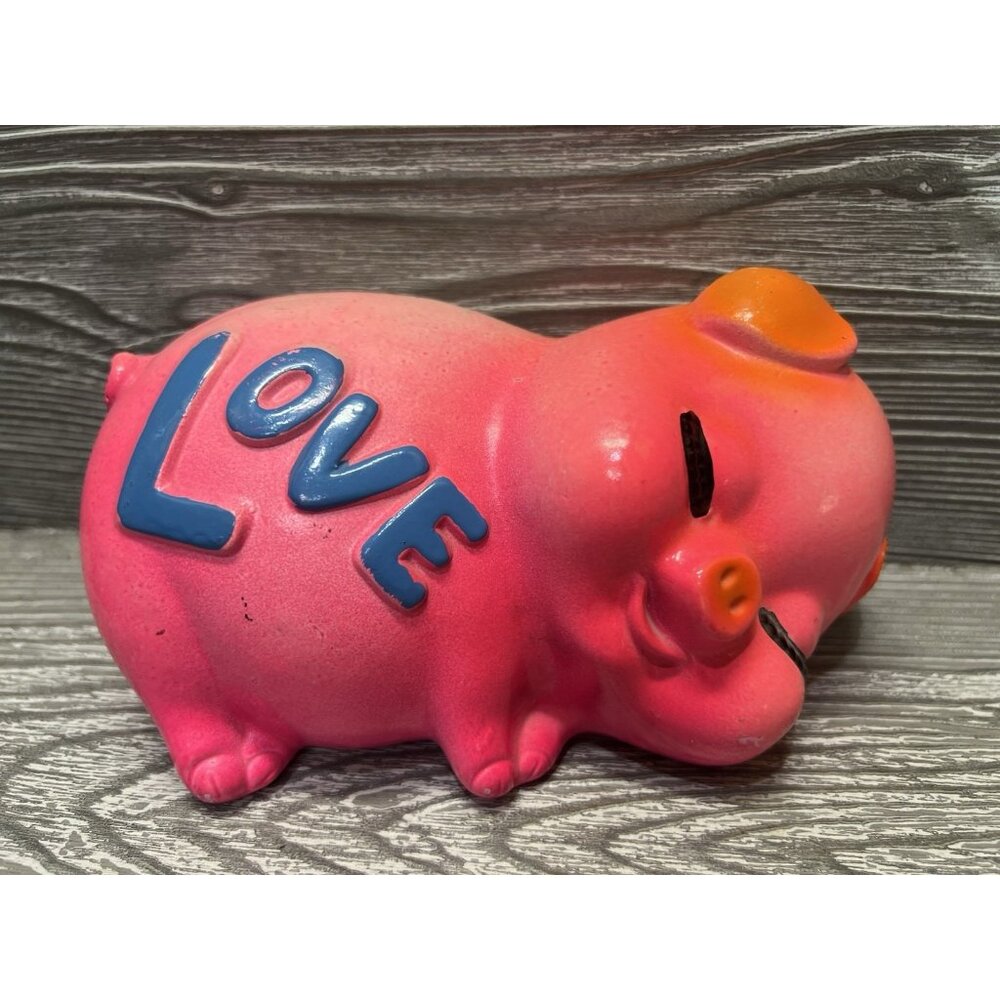 Ceramic Love Pig Piggy Bank Hand Painted Neon Hot Pink Groovy 1970s No Stopper